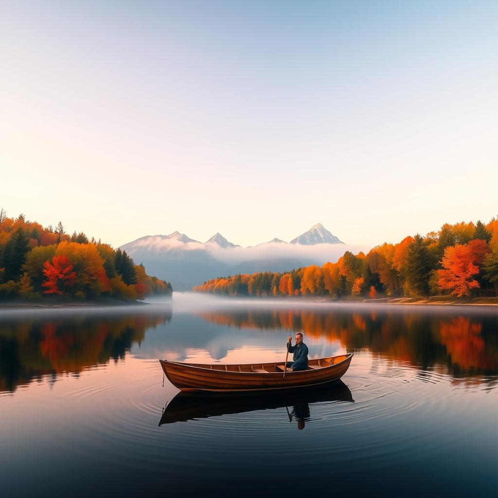 A scenic view of a serene lake surrounded by vibrant autumn foliage, reflecting the colorful trees on the still water