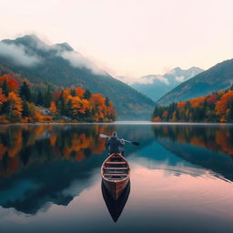 A scenic view of a serene lake surrounded by vibrant autumn foliage, reflecting the colorful trees on the still water