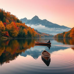 A scenic view of a serene lake surrounded by vibrant autumn foliage, reflecting the colorful trees on the still water