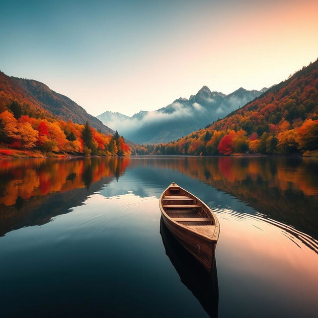 A scenic view of a serene lake surrounded by vibrant autumn foliage, reflecting the colorful trees on the still water