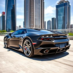 A sleek black Lamborghini captured from a side angle, showcasing its aerodynamic curves and aggressive stance