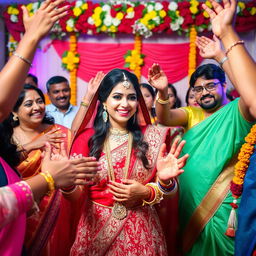 A lively wedding scene showcasing an Indian bride in a stunning traditional attire, adorned with intricate embroidery and sparkling jewelry