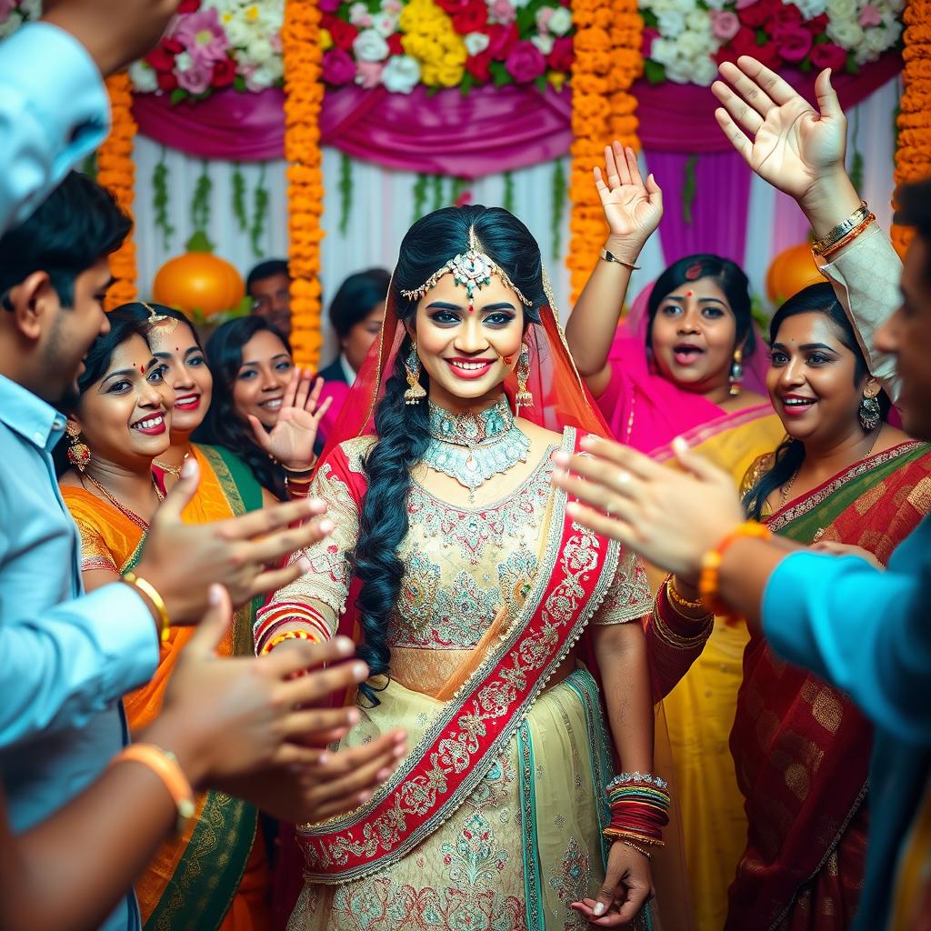 A lively wedding scene showcasing an Indian bride in a stunning traditional attire, adorned with intricate embroidery and sparkling jewelry