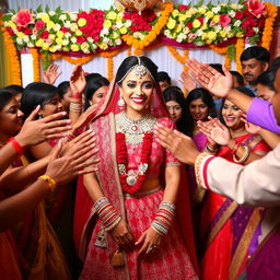 A lively wedding scene showcasing an Indian bride in a stunning traditional attire, adorned with intricate embroidery and sparkling jewelry