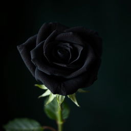 A stunning black rose, elegantly displayed in full bloom, showcasing its velvety petals that shimmer with a subtle sheen