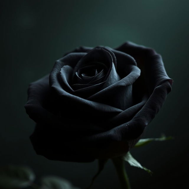 A stunning black rose, elegantly displayed in full bloom, showcasing its velvety petals that shimmer with a subtle sheen