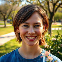 A hyper-realistic portrait of a person with a friendly smile, standing outdoors in a sunny park