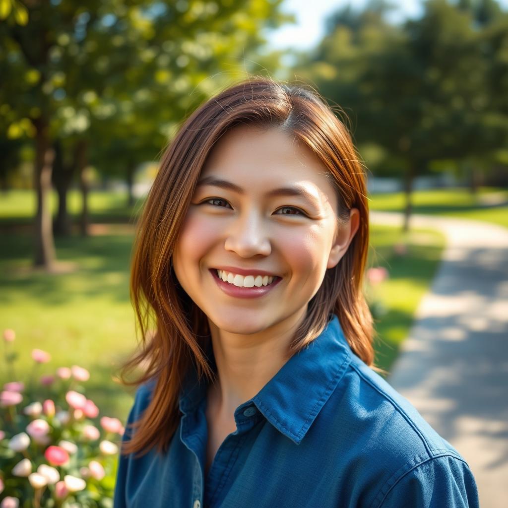 A hyper-realistic portrait of a person with a friendly smile, standing outdoors in a sunny park