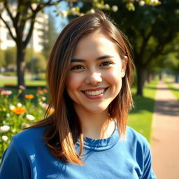 A hyper-realistic portrait of a person with a friendly smile, standing outdoors in a sunny park
