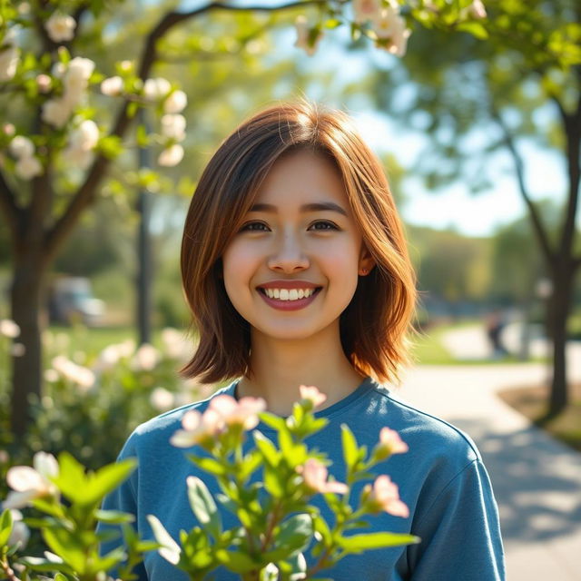 A hyper-realistic portrait of a person with a friendly smile, standing outdoors in a sunny park