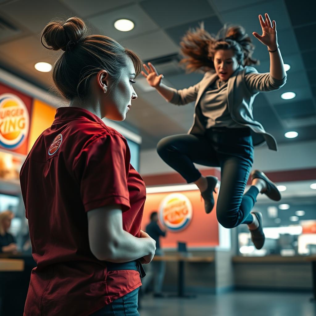 A collage of two photographs capturing a tense altercation between two women in a Burger King restaurant
