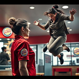 A collage of two photographs capturing a tense altercation between two women in a Burger King restaurant