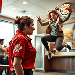 A collage of two photographs capturing a tense altercation between two women in a Burger King restaurant