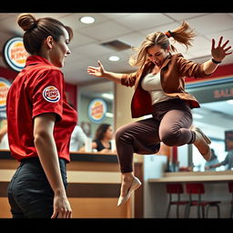 A collage of two photographs capturing a tense altercation between two women in a Burger King restaurant