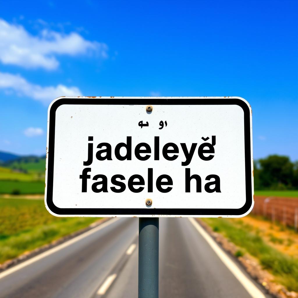 A traffic sign featuring the Persian phrase "jadeye fasele ha" prominently displayed, with a clear indication of a distance of 5 km