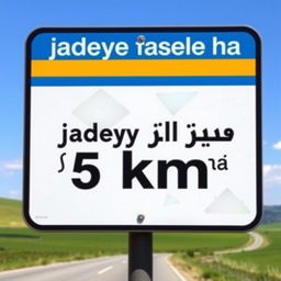 A traffic sign featuring the Persian phrase "jadeye fasele ha" prominently displayed, with a clear indication of a distance of 5 km