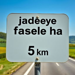 A traffic sign featuring the Persian phrase "jadeye fasele ha" prominently displayed, with a clear indication of a distance of 5 km