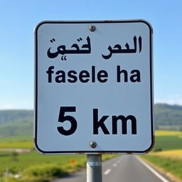 A traffic sign featuring the Persian phrase "jadeye fasele ha" prominently displayed, with a clear indication of a distance of 5 km