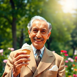 A historical figure, Muhammad Ali Jinnah, known as Quaid-e-Azam, is depicted in a joyful moment, elegantly dressed in his signature suit, enjoying a delicious ice cream cone