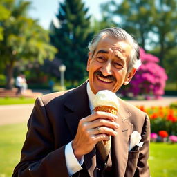 A historical figure, Muhammad Ali Jinnah, known as Quaid-e-Azam, is depicted in a joyful moment, elegantly dressed in his signature suit, enjoying a delicious ice cream cone