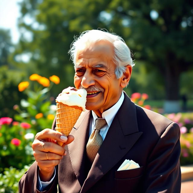 A historical figure, Muhammad Ali Jinnah, known as Quaid-e-Azam, is depicted in a joyful moment, elegantly dressed in his signature suit, enjoying a delicious ice cream cone