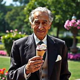 A historical figure, Muhammad Ali Jinnah, known as Quaid-e-Azam, is depicted in a joyful moment, elegantly dressed in his signature suit, enjoying a delicious ice cream cone