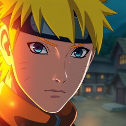 A striking close-up portrait of Naruto Uzumaki, showcasing half of his face illuminated by a bright, warm light