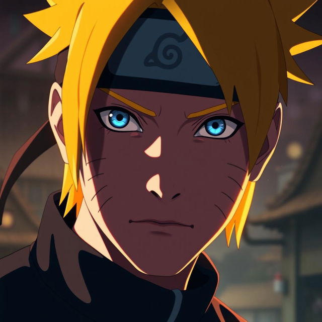 A striking close-up portrait of Naruto Uzumaki, showcasing half of his face illuminated by a bright, warm light