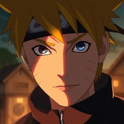 A striking close-up portrait of Naruto Uzumaki, showcasing half of his face illuminated by a bright, warm light