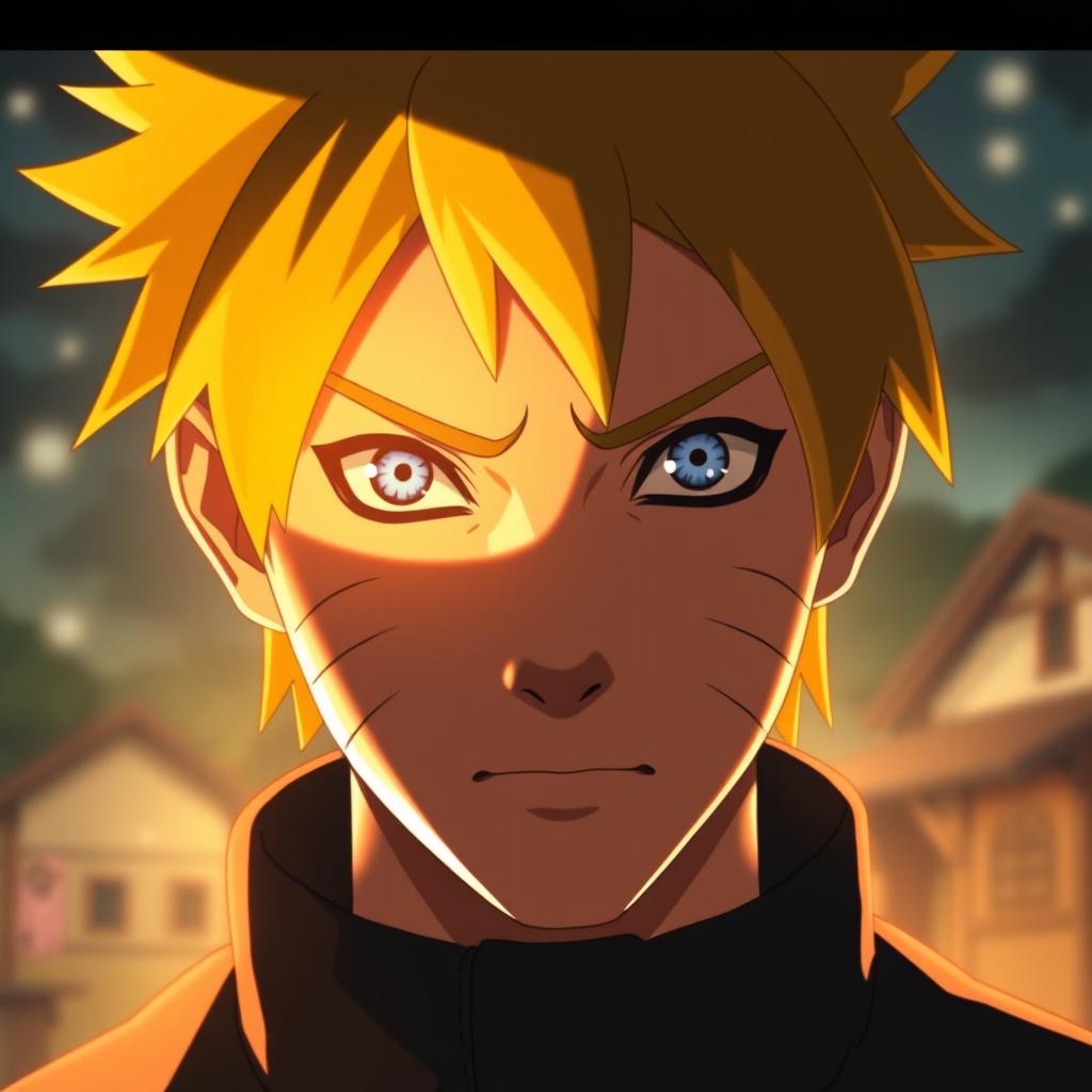 A striking close-up portrait of Naruto Uzumaki, showcasing half of his face illuminated by a bright, warm light