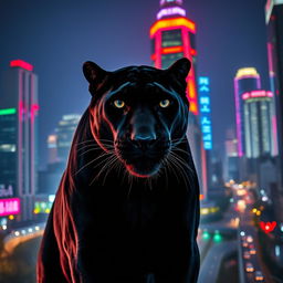 A large and majestic black panther standing confidently against the backdrop of a vibrant night cityscape of Seoul, South Korea