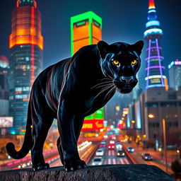 A large and majestic black panther standing confidently against the backdrop of a vibrant night cityscape of Seoul, South Korea