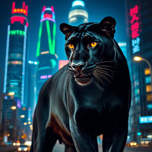 A large and majestic black panther standing confidently against the backdrop of a vibrant night cityscape of Seoul, South Korea