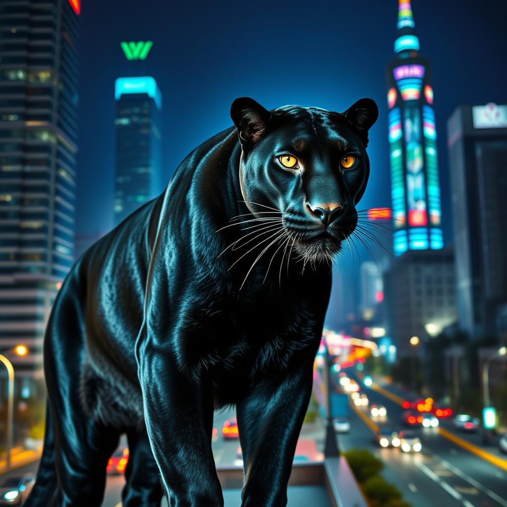 A large and majestic black panther standing confidently against the backdrop of a vibrant night cityscape of Seoul, South Korea