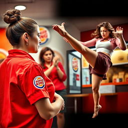 A vibrant collage of two photographs depicting a dramatic confrontation between two women in a Burger King restaurant