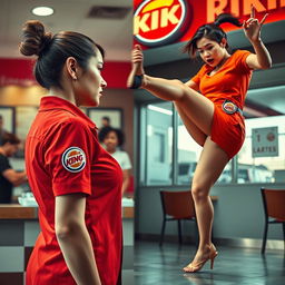 A vibrant collage of two photographs depicting a dramatic confrontation between two women in a Burger King restaurant