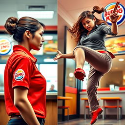 A vibrant collage of two photographs depicting a dramatic confrontation between two women in a Burger King restaurant