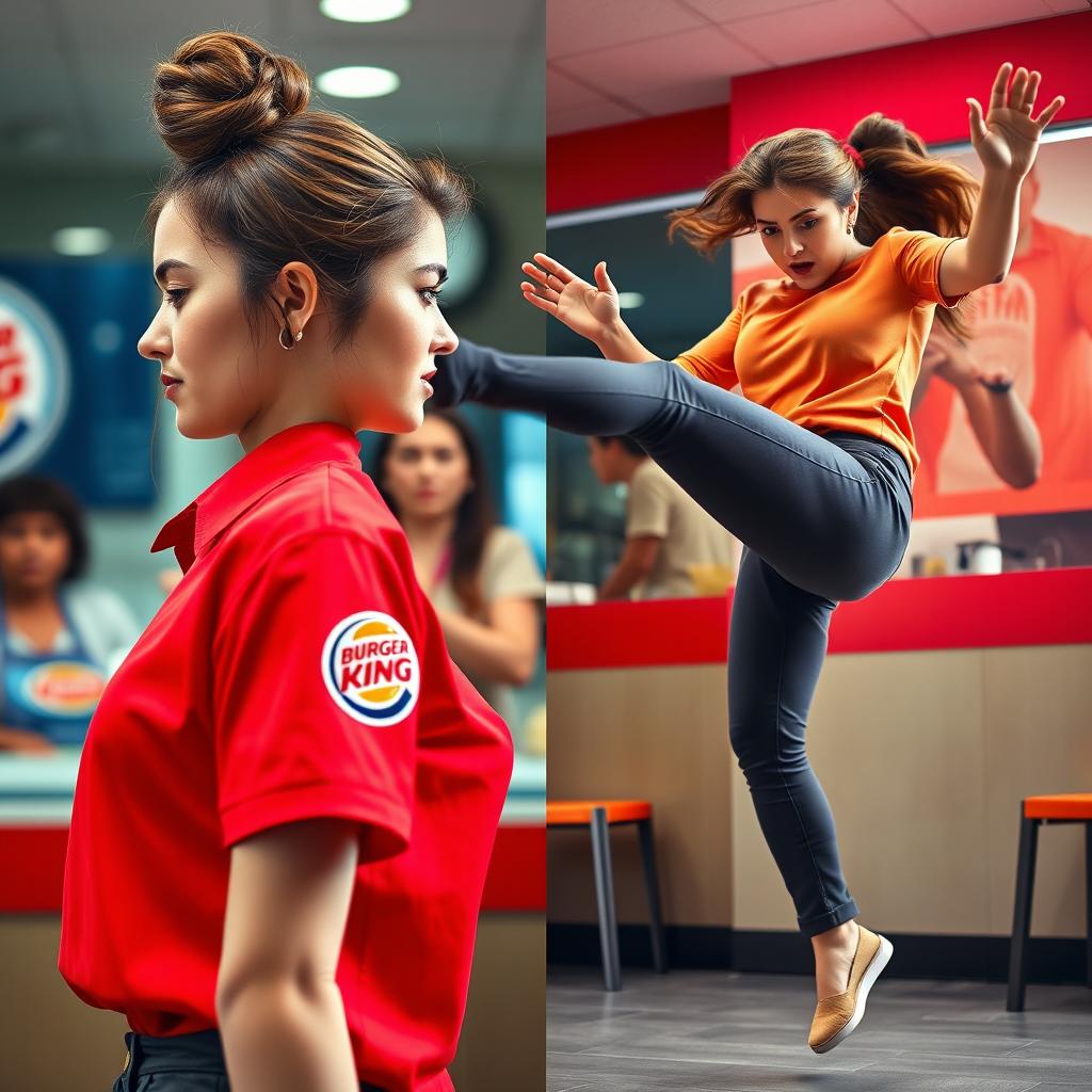 A vibrant collage of two photographs depicting a dramatic confrontation between two women in a Burger King restaurant