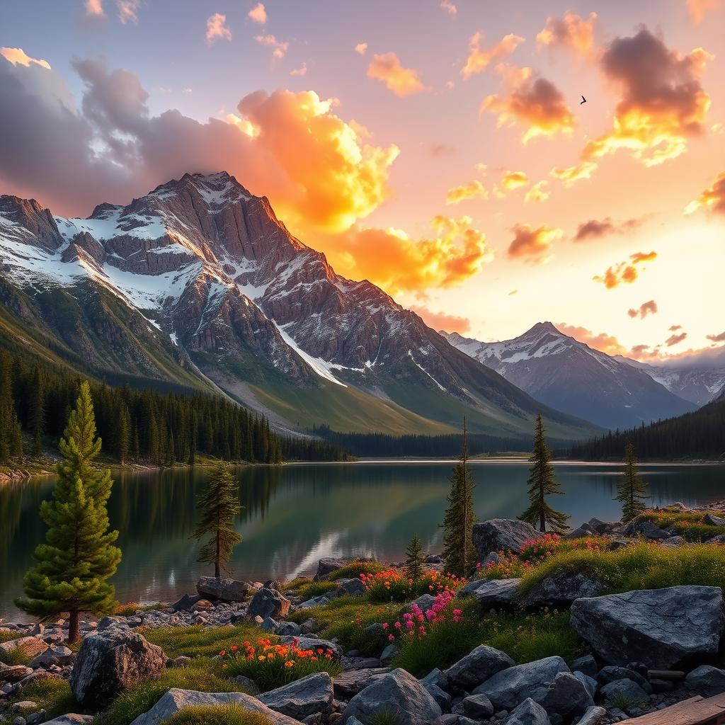 A majestic mountain landscape at sunset, featuring towering snow-capped peaks with a golden glow reflecting off the snow