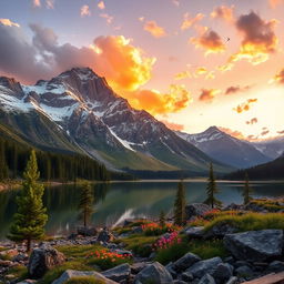 A majestic mountain landscape at sunset, featuring towering snow-capped peaks with a golden glow reflecting off the snow