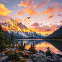 A majestic mountain landscape at sunset, featuring towering snow-capped peaks with a golden glow reflecting off the snow