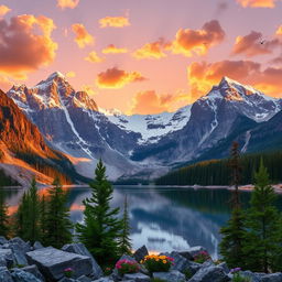 A majestic mountain landscape at sunset, featuring towering snow-capped peaks with a golden glow reflecting off the snow