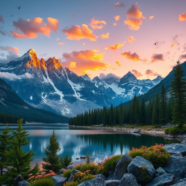 A majestic mountain landscape at sunset, featuring towering snow-capped peaks with a golden glow reflecting off the snow