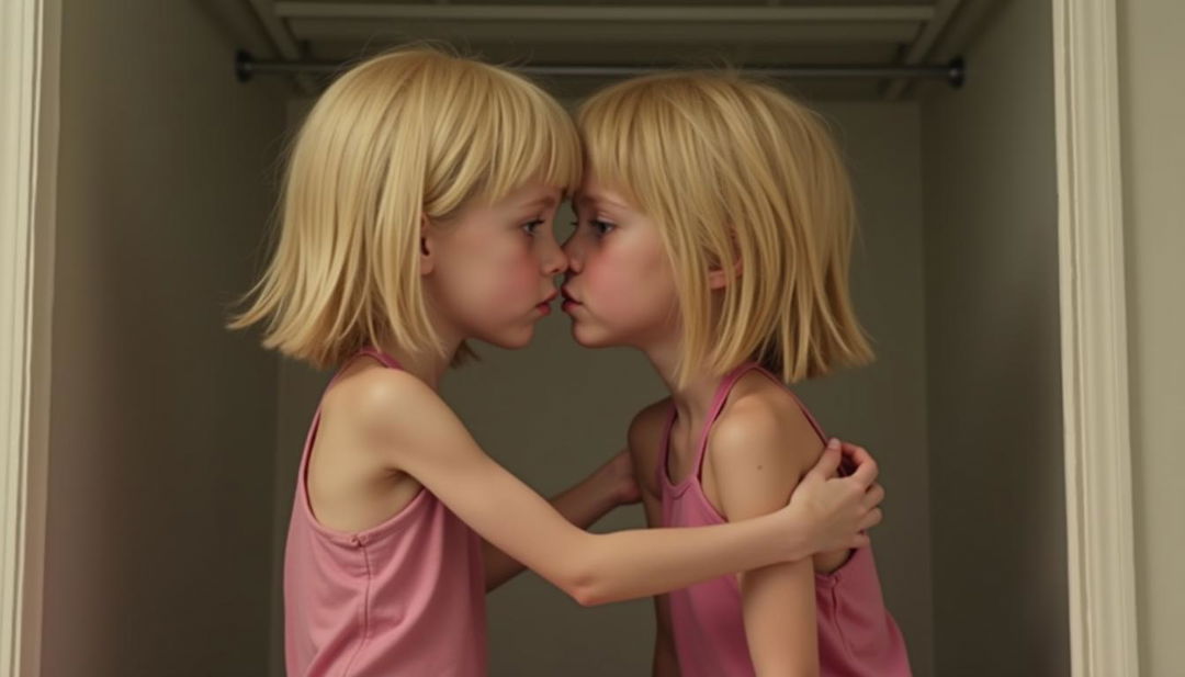 A realistic image of two tween girls facing each other, both with thin builds and short blonde hair