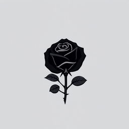 A minimalist logo design featuring a black rose with detailed leaves and thorny stems