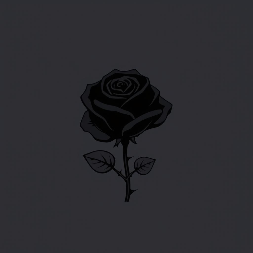 A minimalist logo design featuring a black rose with detailed leaves and thorny stems