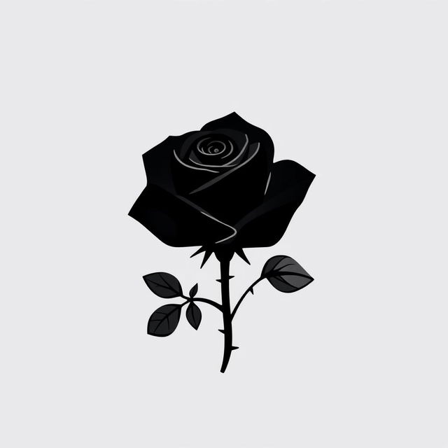 A minimalist logo design featuring a black rose with detailed leaves and thorny stems