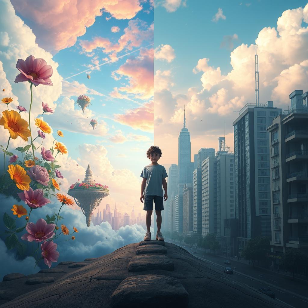 A surreal scene depicting a dream world blending with reality