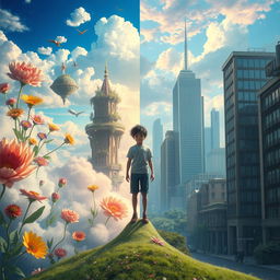 A surreal scene depicting a dream world blending with reality