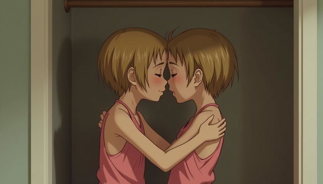 A realistic image of two tween girls facing each other closely, both with thin builds and short blonde hair, dressed in pink halter tops